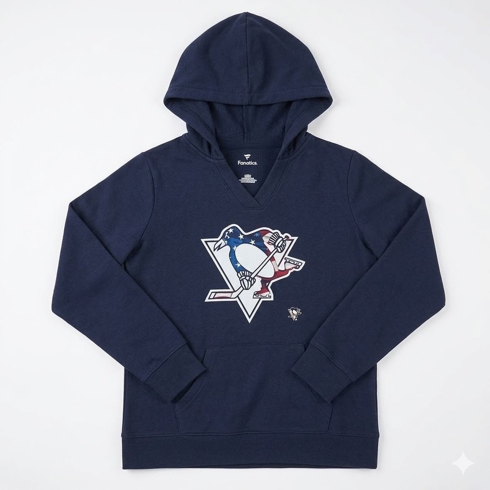 Fanatics Hoodie Pittsburgh Penguins Navy Blue American Flag Logo Women's L